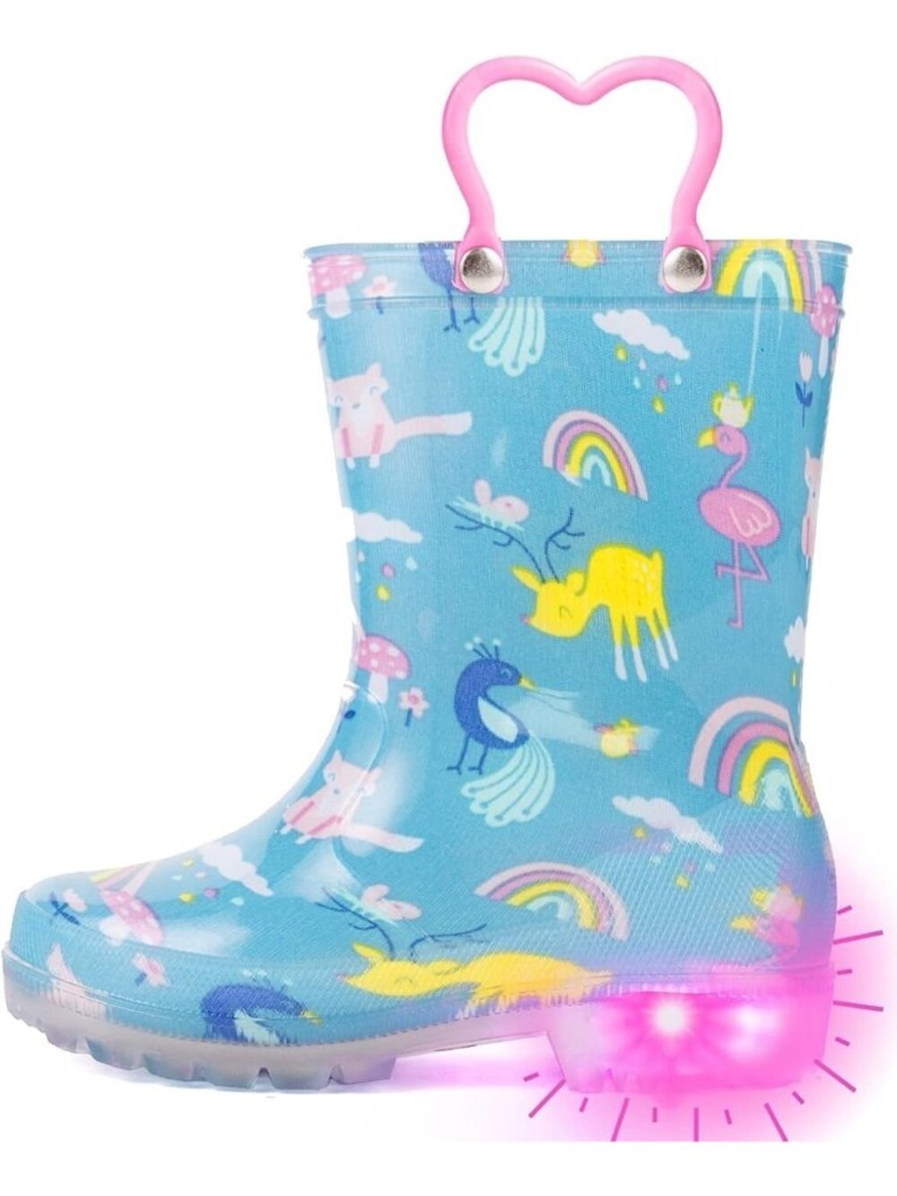 Little Girls Light Up Rain Boots Waterproof Rainbow Flamingo Peacock CUTE 10 10c